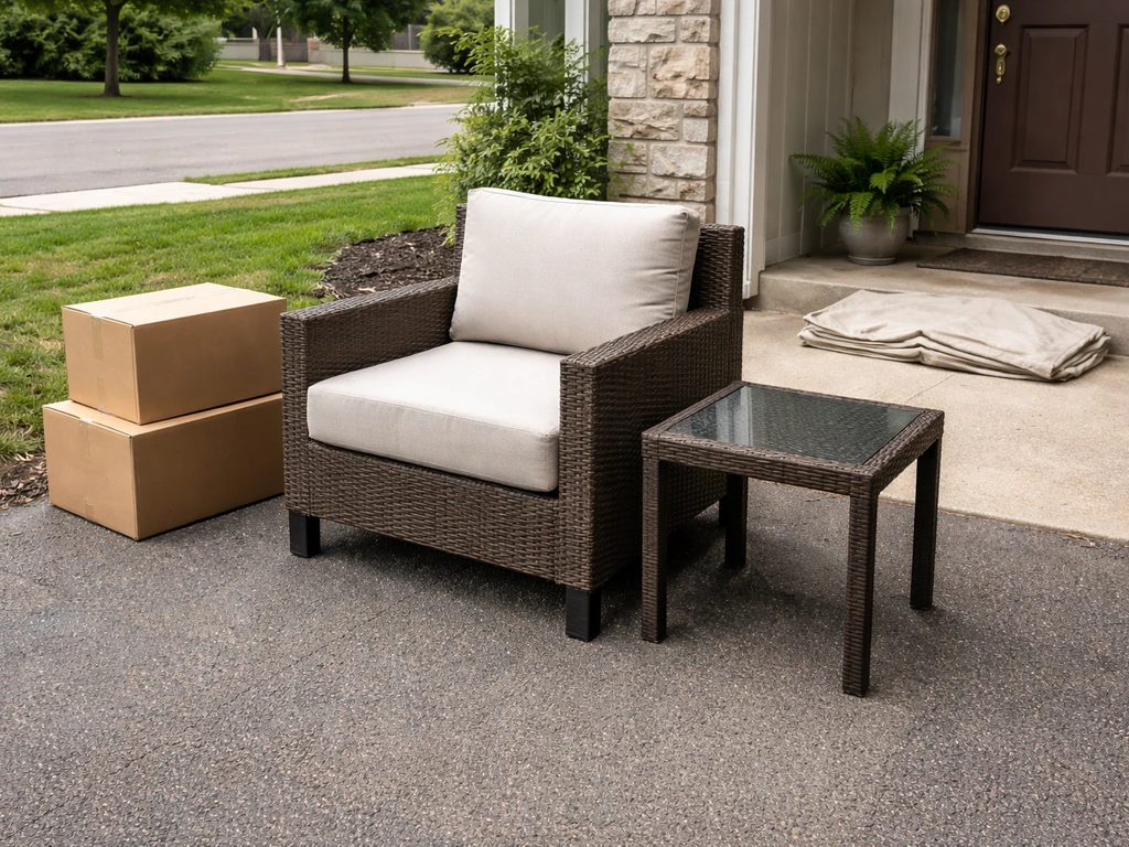 Patio chair and small side table staged at a home driveway for local donation drop-off.