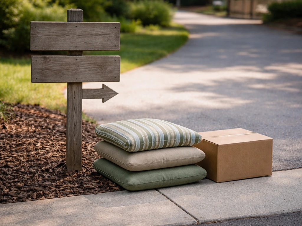 Weathered signpost and folded patio cushion donations near a paved driveway entrance, implying local drop-off points.