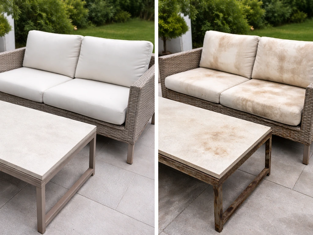 Split photo showing clean patio furniture cushions/tabletop vs stained cushions with rusty metal frame