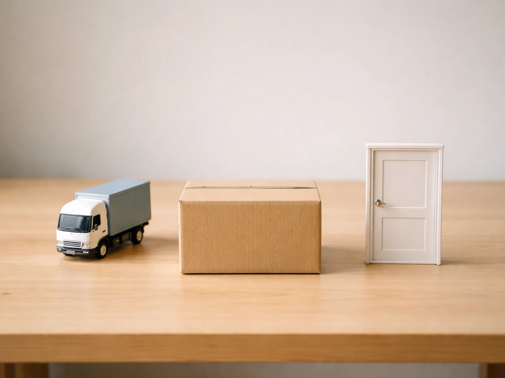 Desk with a small truck model for pickup and a door prop for drop-off, in natural light.
