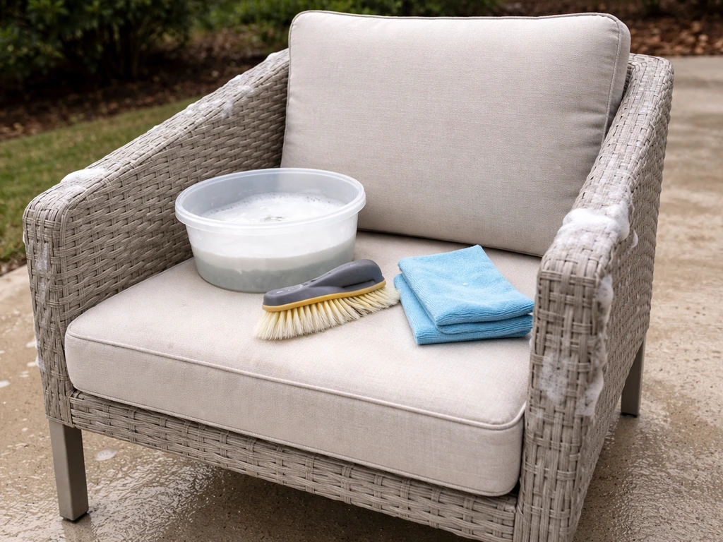 Clean patio chair and brush with soap suds, ready-to-donate look on a simple outdoor patio