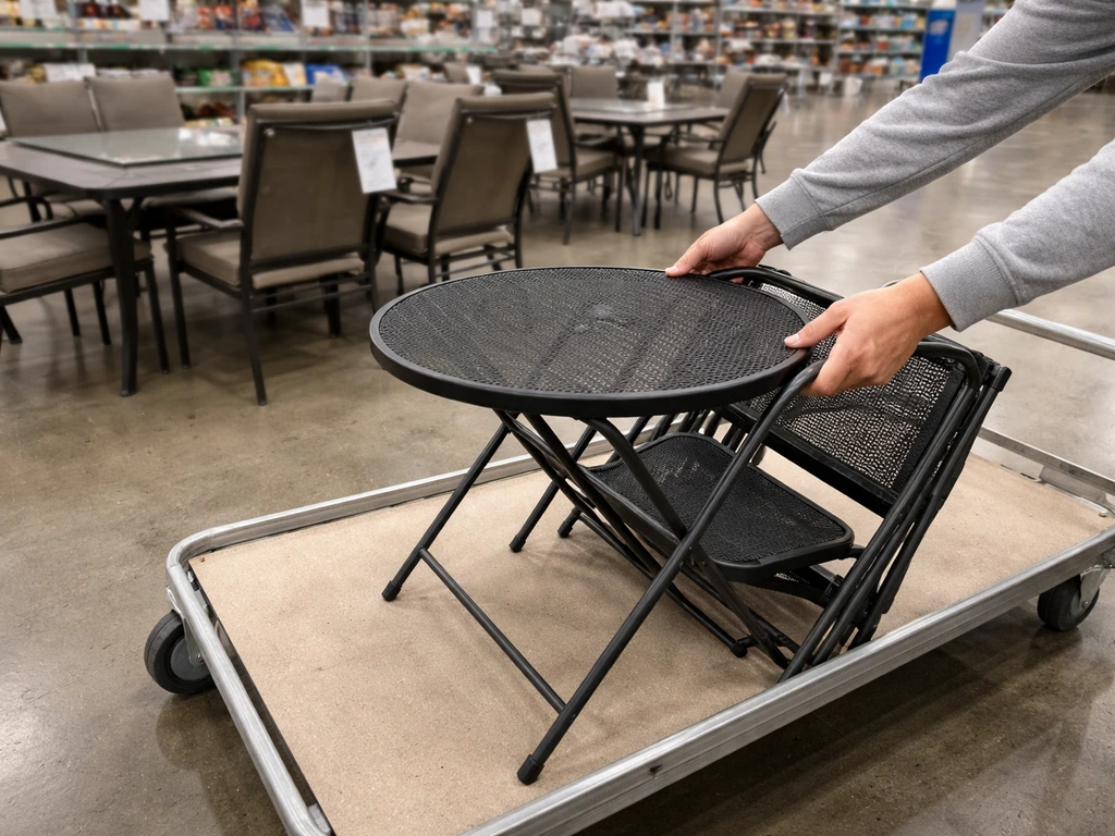 Shopper compares a compact 3-piece patio bistro set in a big-box store aisle.