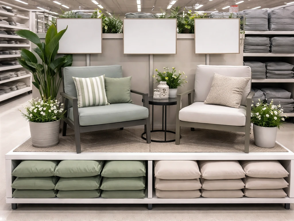 Spring patio furniture endcap display in a retail store with outdoor chairs, cushions, and potted plants.