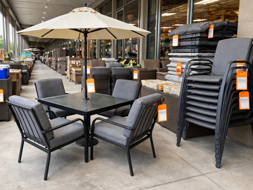 Walmart-style patio furniture display with reduced orange and white clearance tags after Memorial Day