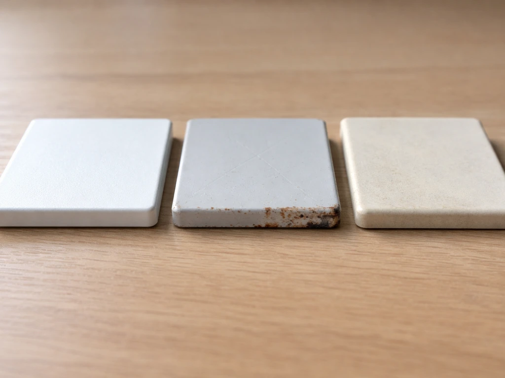 Close-up of three material samples—powder-coated aluminum, painted metal, and low-quality plastic—showing wear cues.