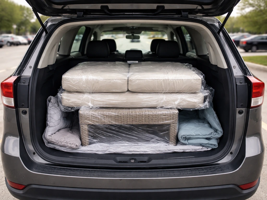 Secondhand patio furniture set packed in a car trunk, ready for local pickup transport