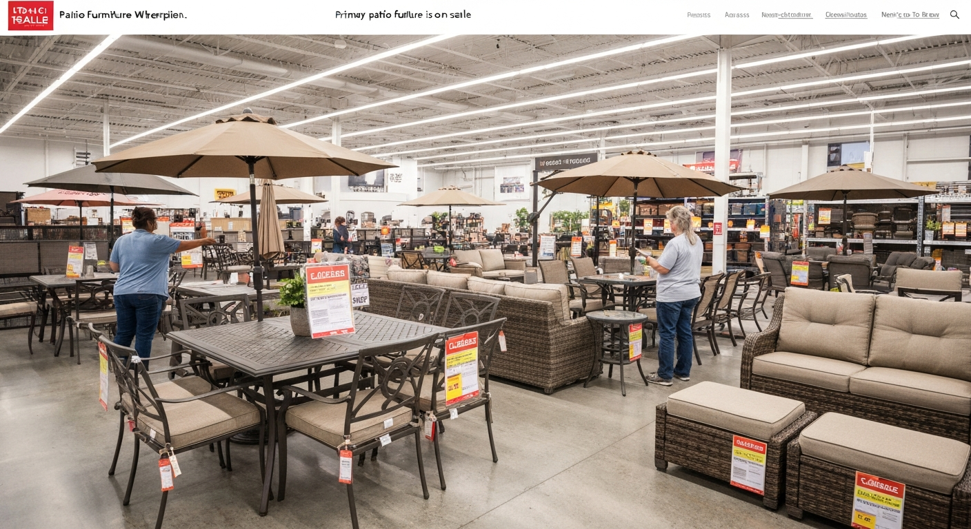 Wide-angle photo of a patio furniture clearance in a retail showroom with shoppers and visible "Clearance" sale tags.