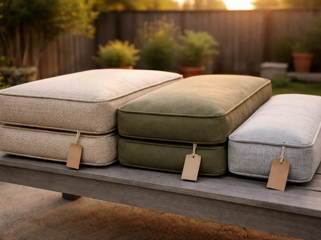 Side-by-side patio cushion sets on a bench, different thicknesses and fabrics with blank price tags.