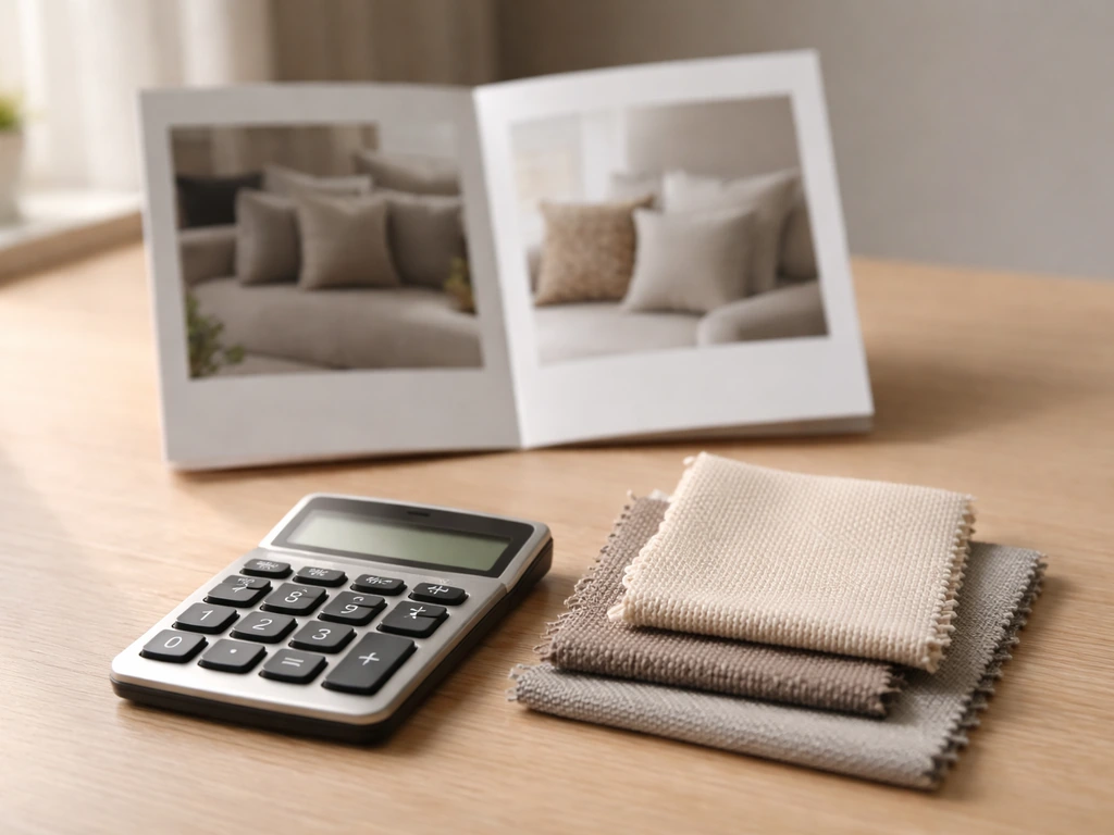 Close-up of a cushion set listing card and a calculator on a desk for price-per-cushion comparison.