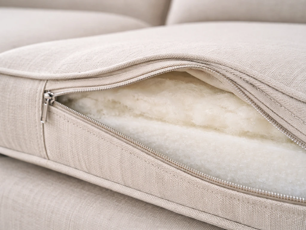 Close-up of a sectional cushion showing thick padding and a high-quality zipper track with piping detail.