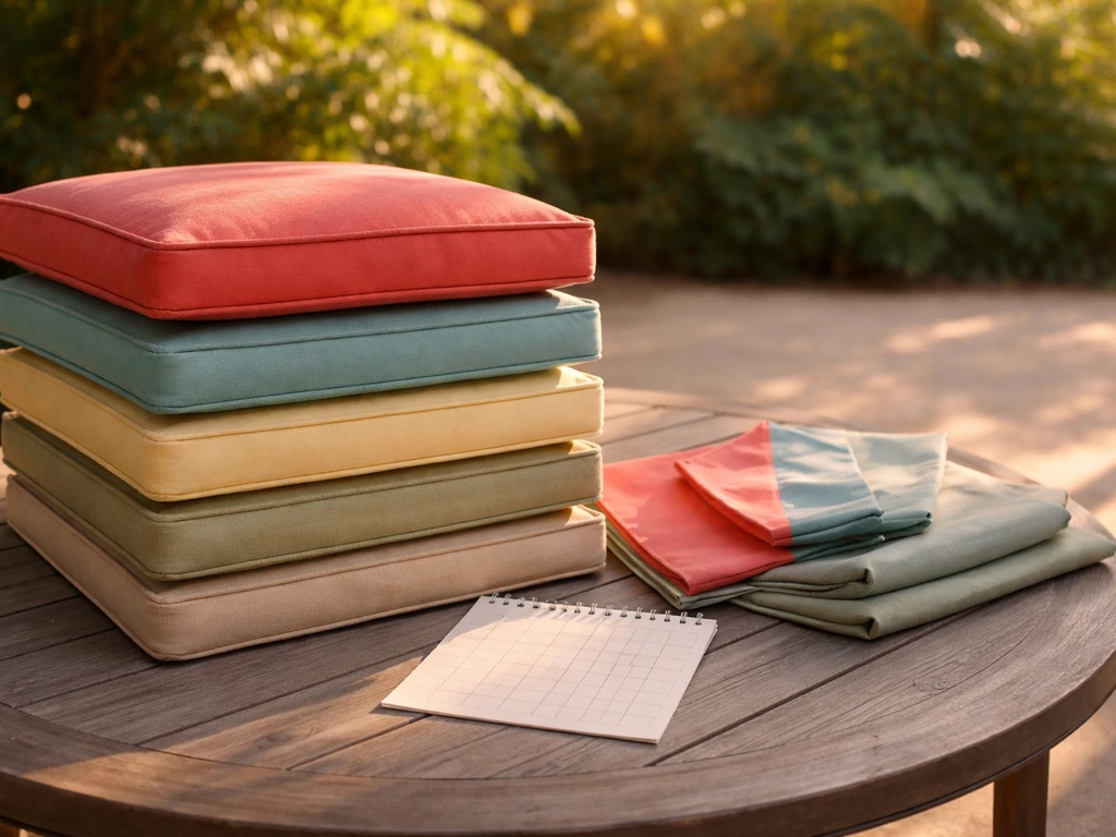 Patio cushions on a table with a blank calendar page suggesting seasonal sale timing in summer sunlight.