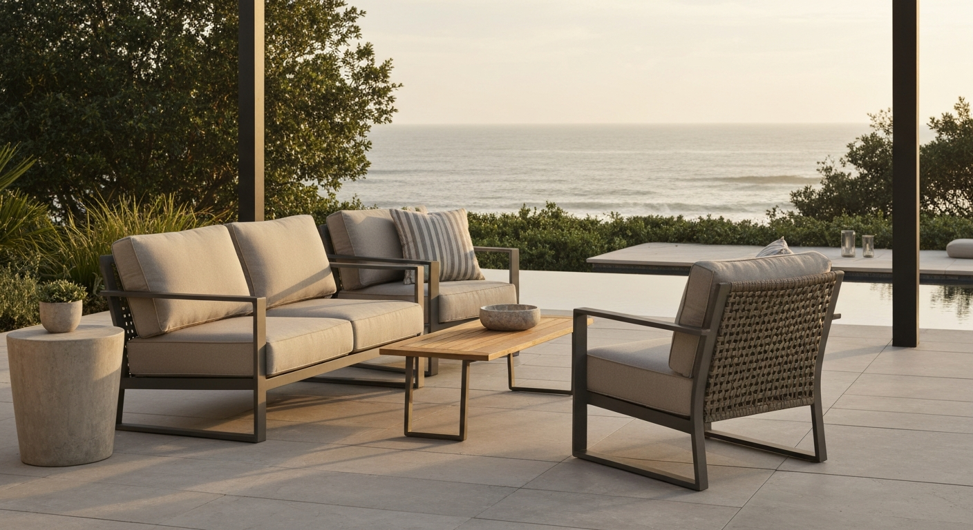 High-end outdoor patio set with aluminum frames and neutral cushions staged in a modern backyard at sunset, showing premium materials and finish.