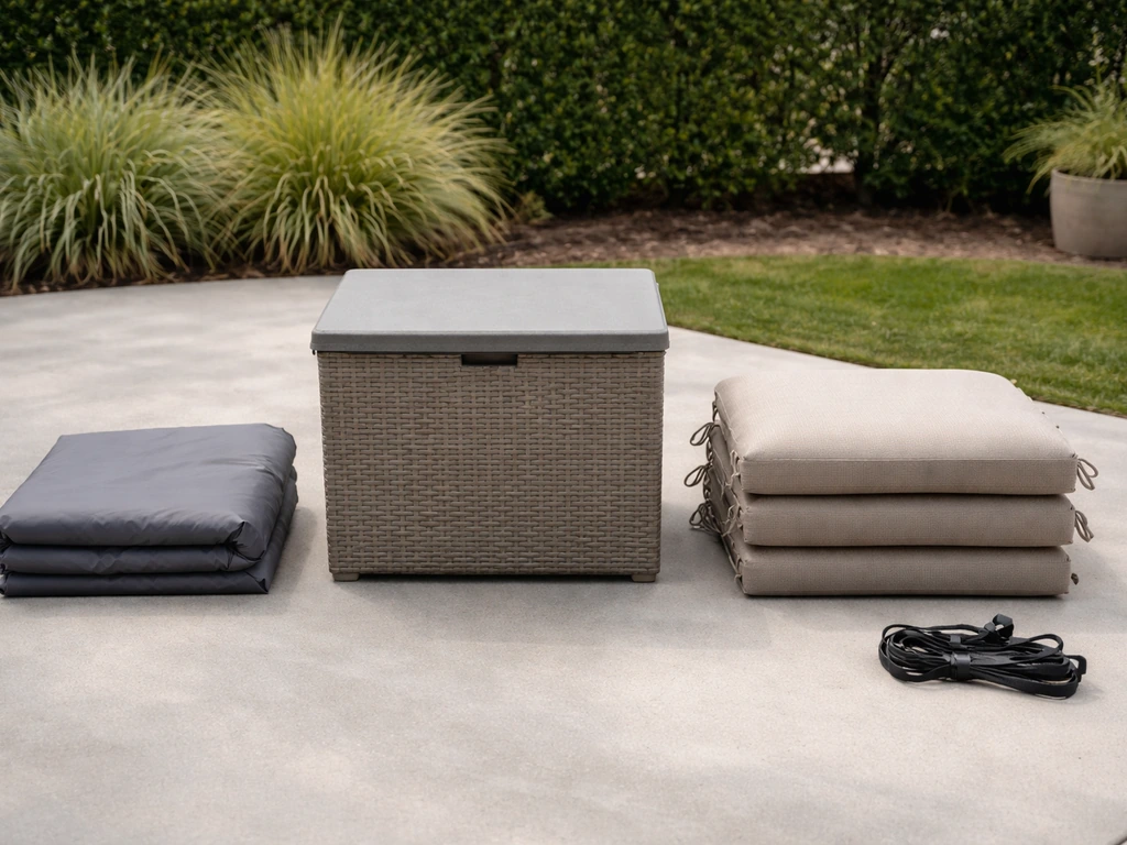 Four patio supply items—cover, storage bin, cushions, and straps—laid side-by-side on a concrete patio.