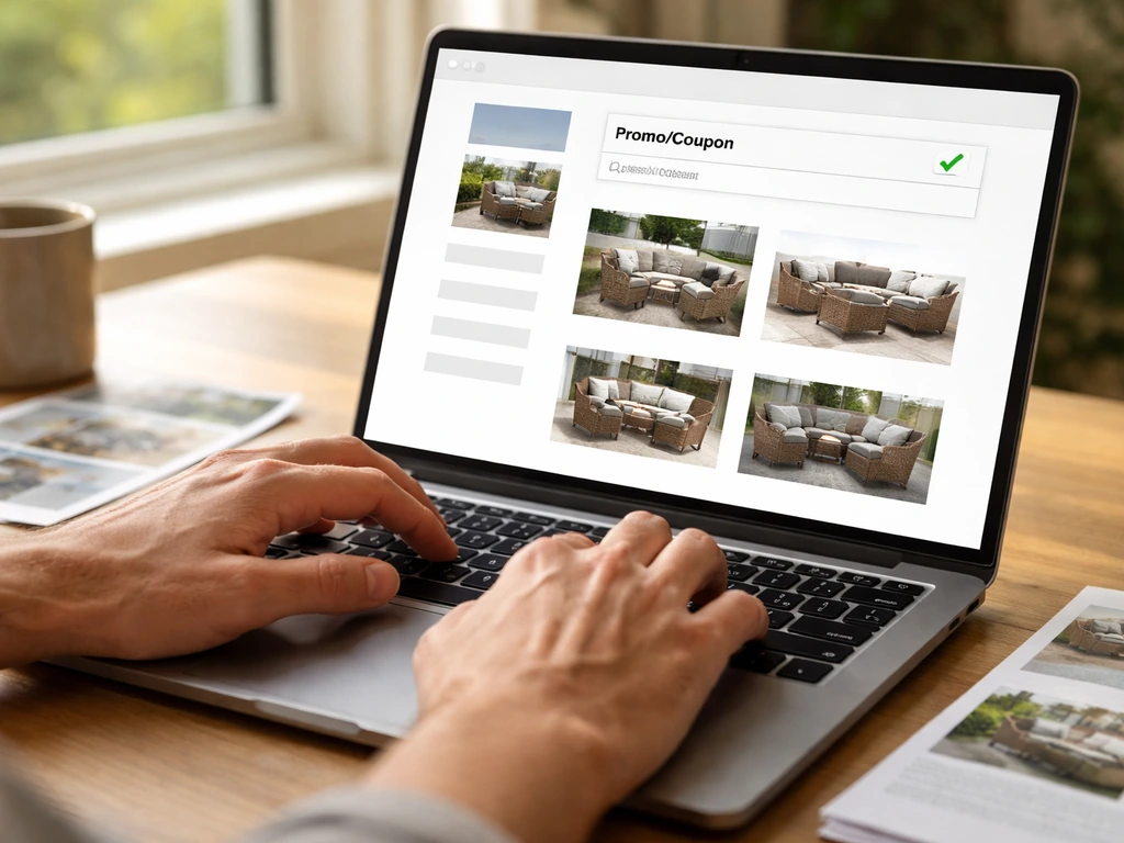 Person at patio furniture checkout typing a promo code, with an applied notice and eligible items in cart.