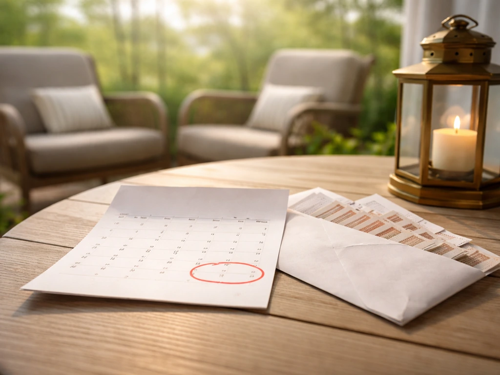 Outdoor patio table with a calendar page marked for late May savings timing beside coupon items.