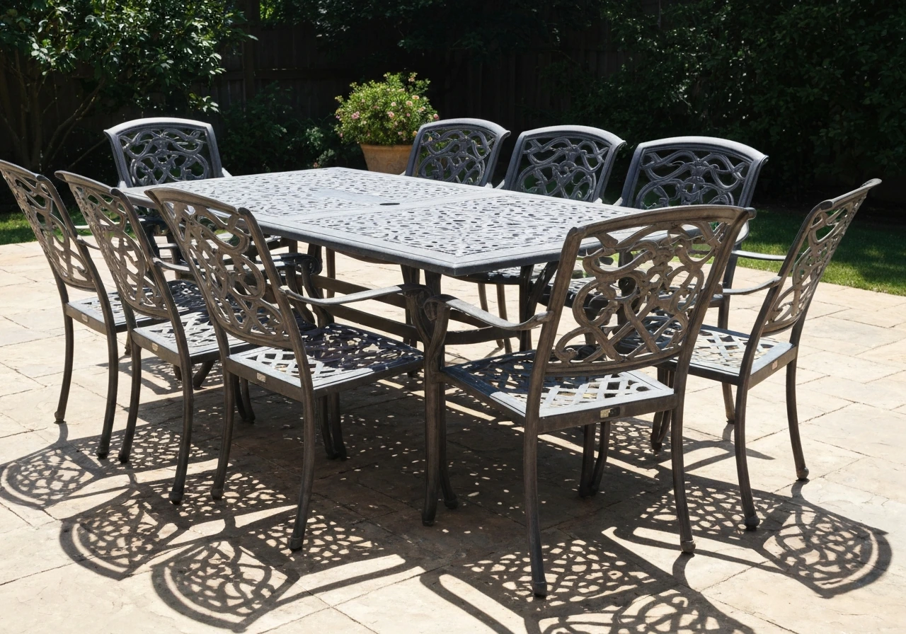 Sunlit patio featuring a premium cast-aluminum outdoor dining set with table and chairs