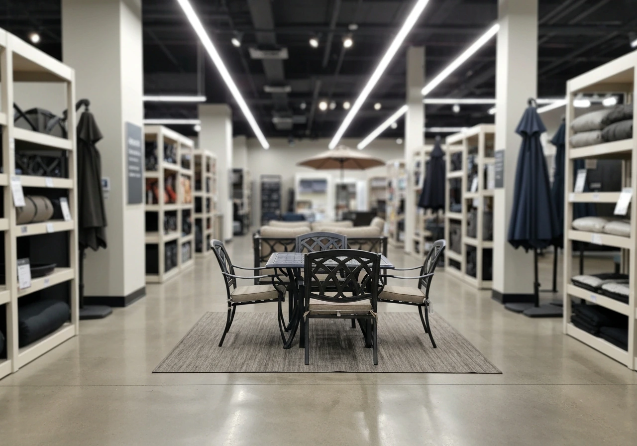 Outdoor patio furniture showroom aisle with a premium cast-aluminum dining set on display