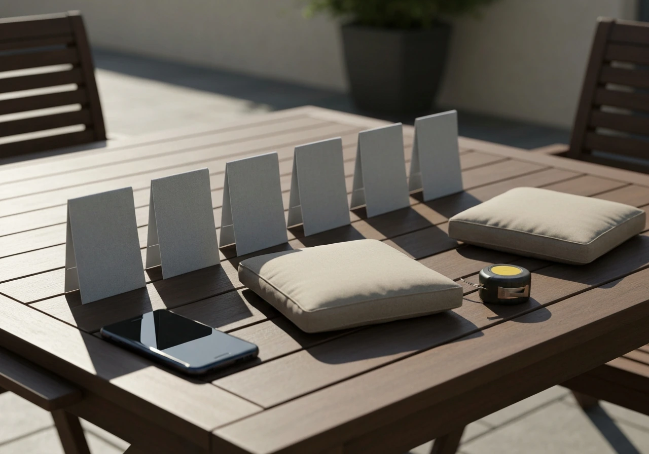 Minimal photo of patio cushions and blank price-card placards beside a phone, suggesting retailer price comparison.