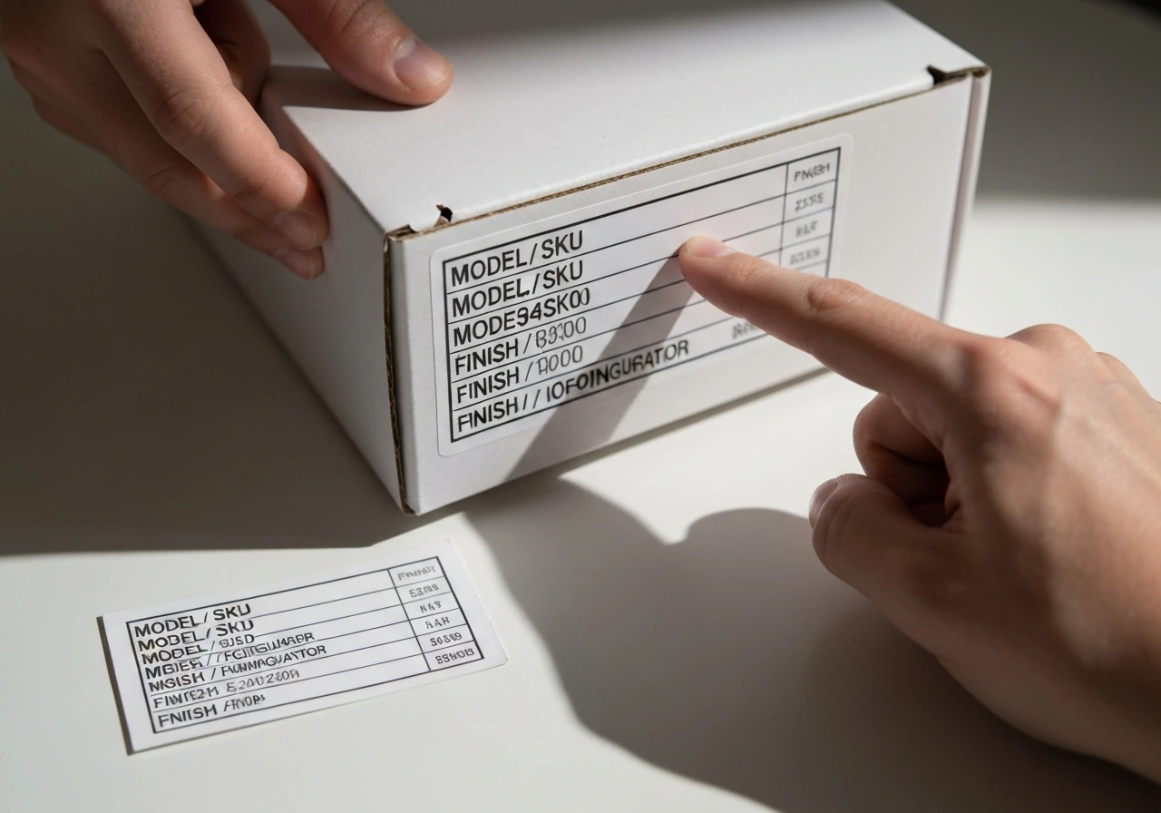 Close-up of a hand and a product label showing model/SKU and finish details on a dining set box.