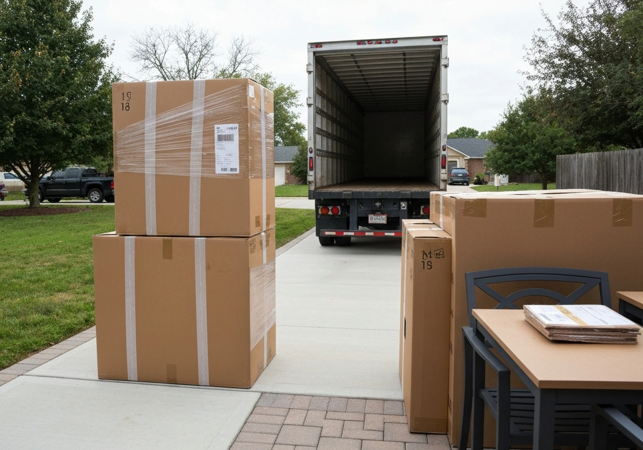Freight delivery of boxed cast-aluminum patio furniture staged on a driveway for inspection.