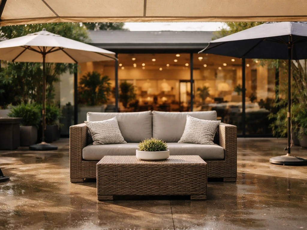 Modern patio furniture set on a covered Houston patio with umbrellas for sun and rain protection.