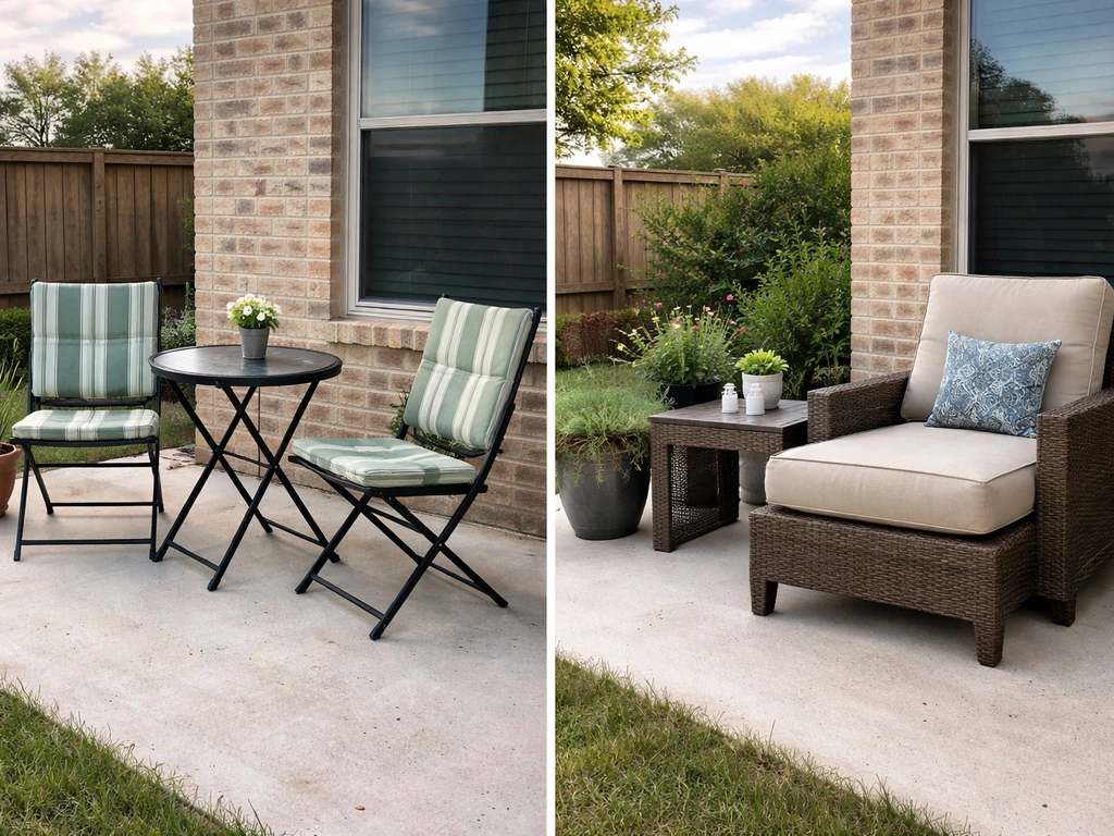 Side-by-side patio furniture value picks and mid-range picks on a Houston patio, no people, natural light.