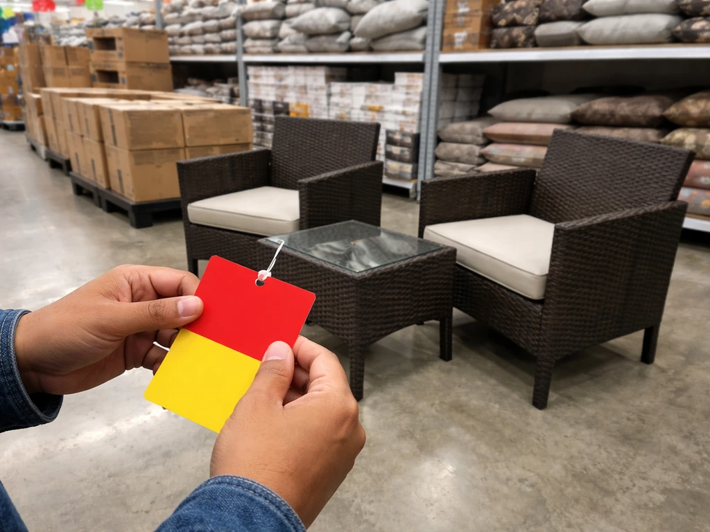 Clearance aisle display of budget outdoor patio furniture with a non-readable sale tag, minimal store scene.