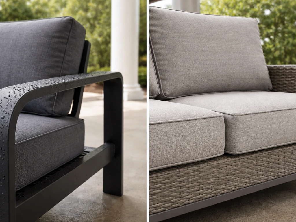 Minimal photo of patio furniture pieces on a covered porch with focus on weather-resistant materials.
