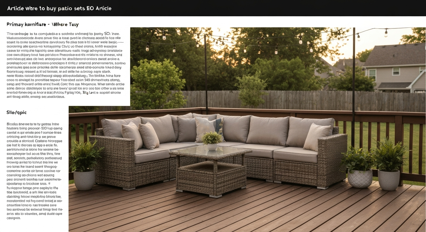 Inviting patio set on a wooden deck with cushions, coffee table, potted plants, and string lights in a sunny backyard.