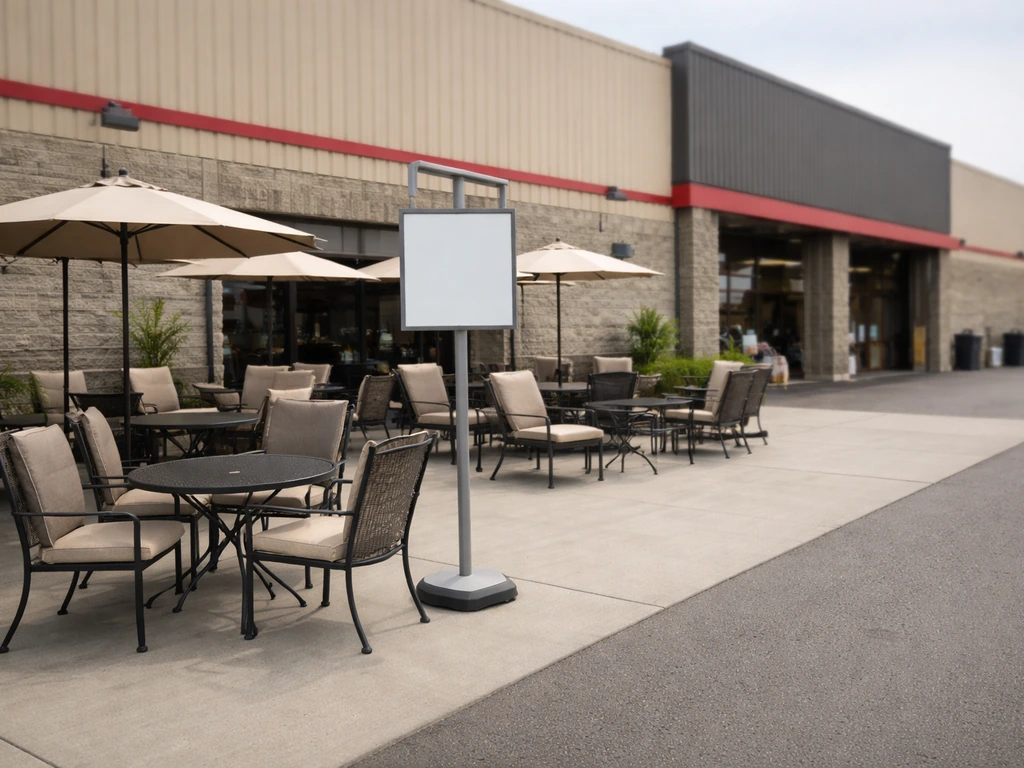 Costco warehouse storefront with outdoor patio furniture display and a member-pricing vibe