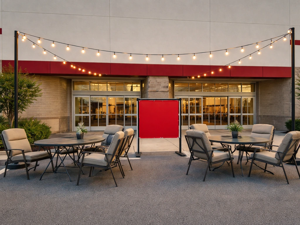 BJ’s warehouse exterior with an outdoor patio furniture deal display and red event banner (no readable text).