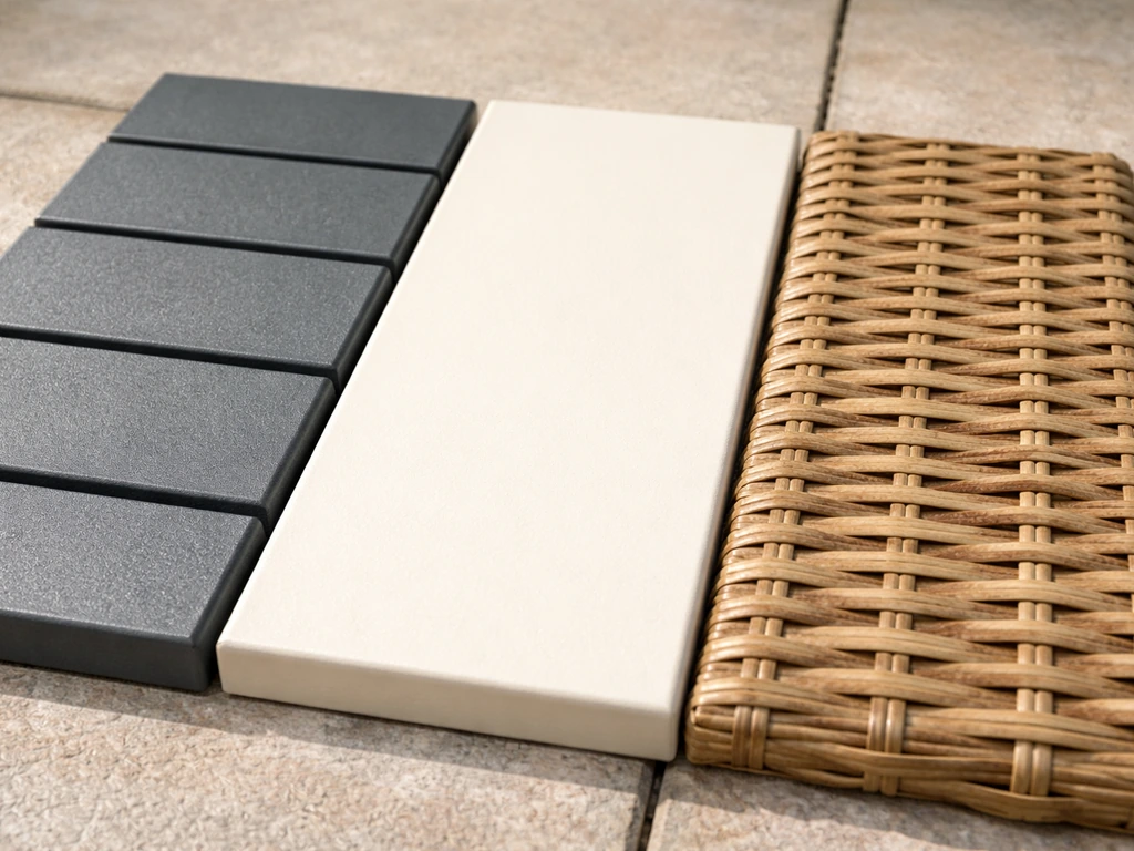 Close-up side-by-side samples of powder-coated aluminum, vinyl, and wicker/rattan outdoors.