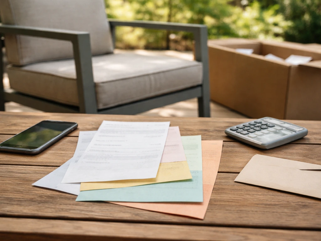 Layered, receipt-like slips representing delivery, taxes, and fees over a patio furniture purchase on a table.