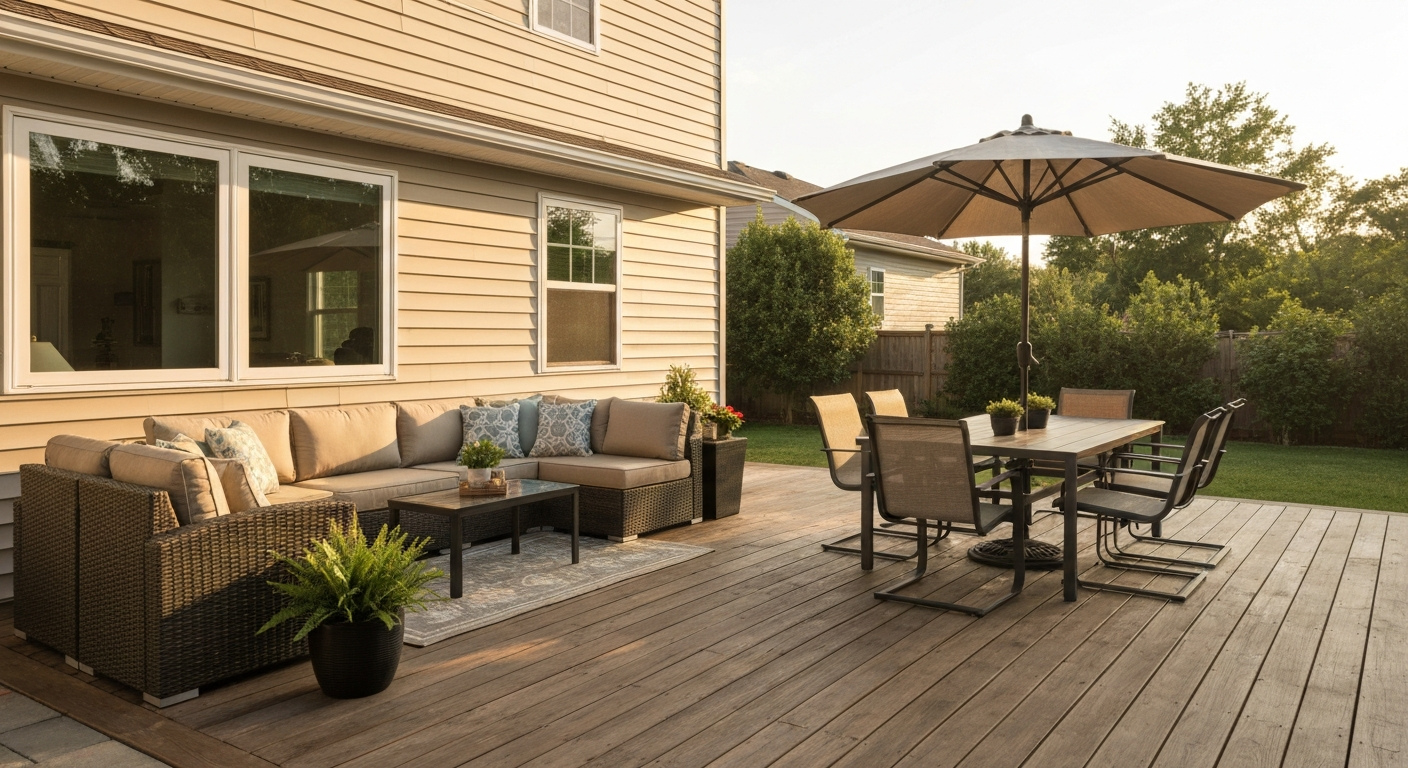 Sunlit backyard patio with a wicker sectional, dining table, umbrella, and neutral cushions.
