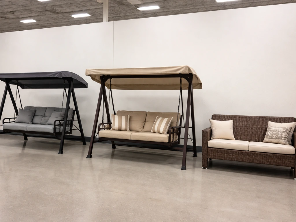 Walmart-style porch swing display with steel-frame, canopied, and wicker-look options in a simple retail aisle.