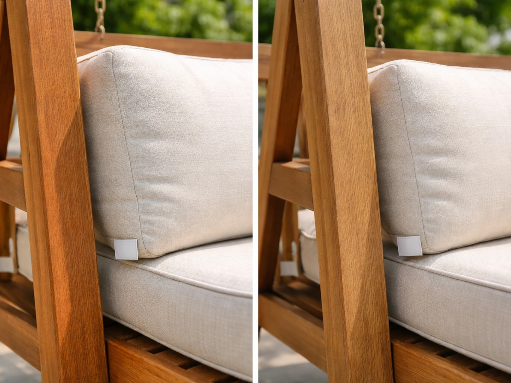 Close-up of two patio swing cushion thicknesses beside simple wooden frame corners, with fabric detail visible.