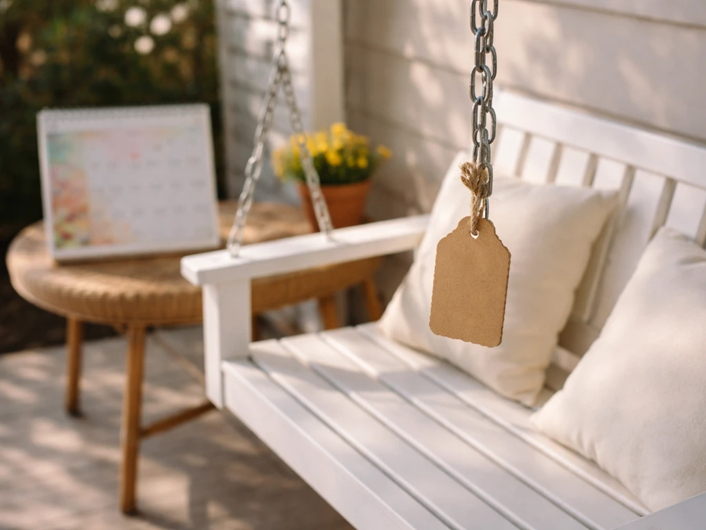 Empty patio swing with a small sale tag charm and a blurred seasonal calendar in the background