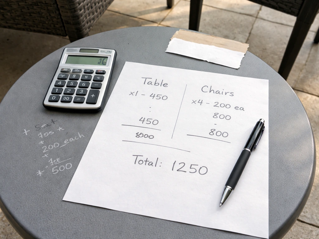 Minimal patio price-comparison scene with paper, calculator, and patio table/chairs components for totals.