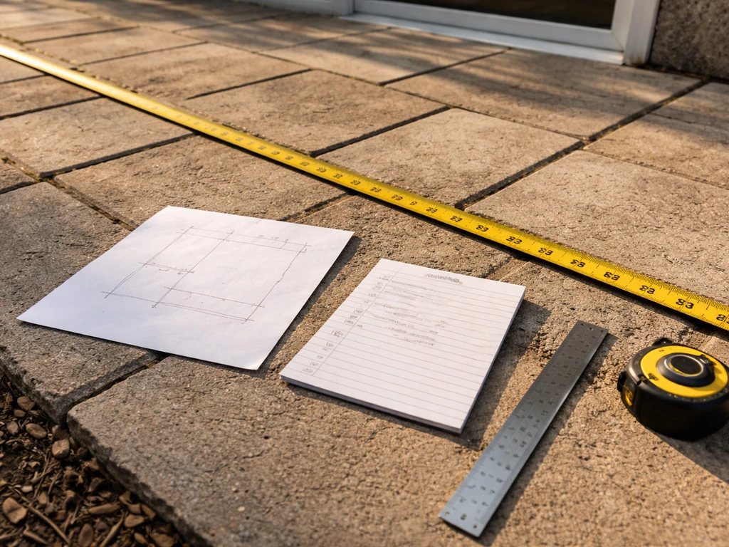 Measuring tape on a patio with a handwritten checklist paper for delivery and fit verification