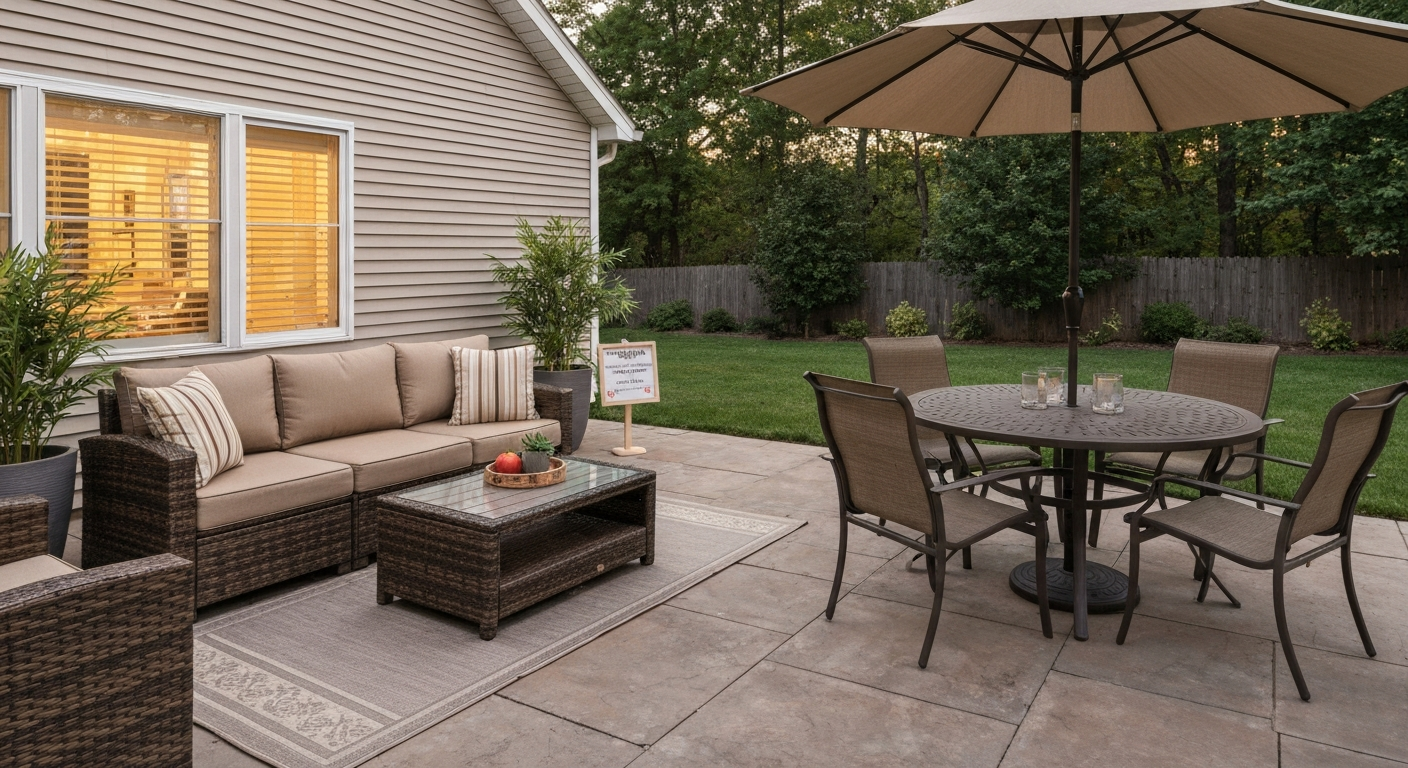 Inviting backyard patio with wicker sectional, dining table, umbrella, and cushions.