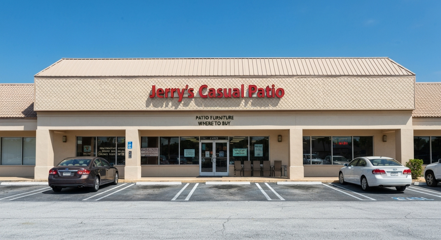 Exterior photo of Jerry's Casual Patio showroom in a strip-mall on S. State Road 7, Lake Worth FL.
