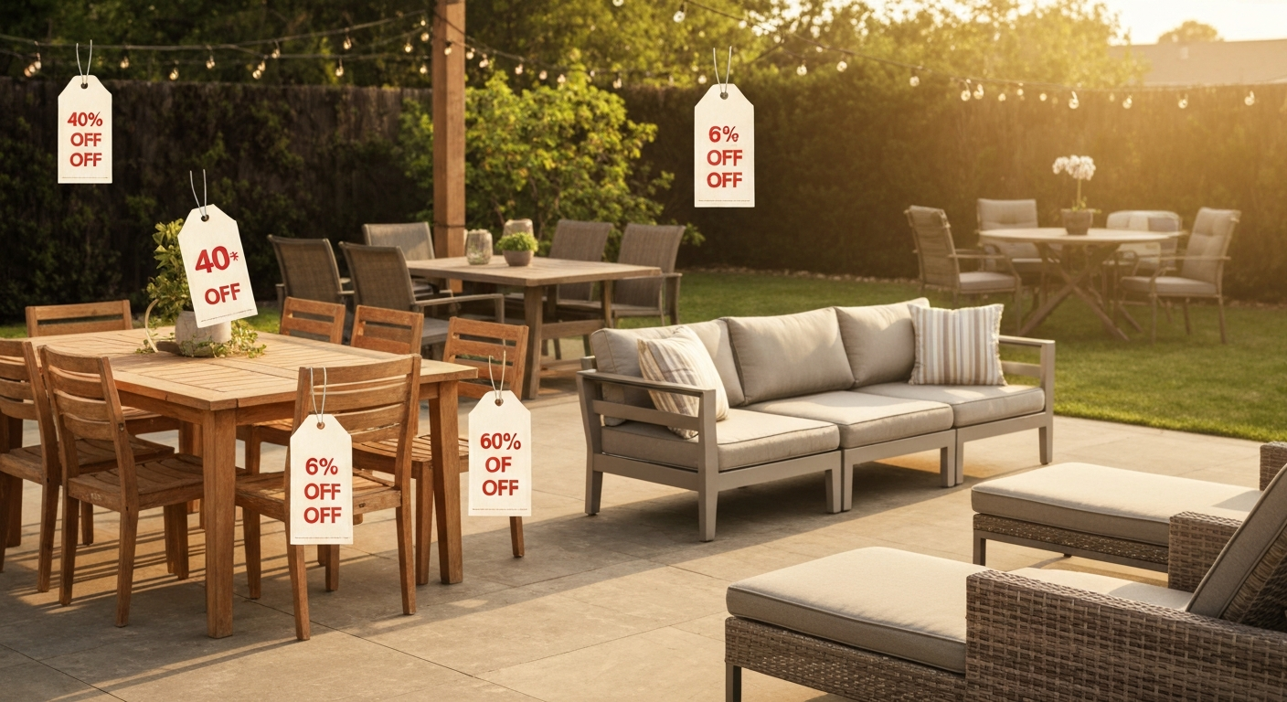 Late-summer patio display with multiple outdoor furniture sets and prominent clearance price tags offering large percentage discounts.