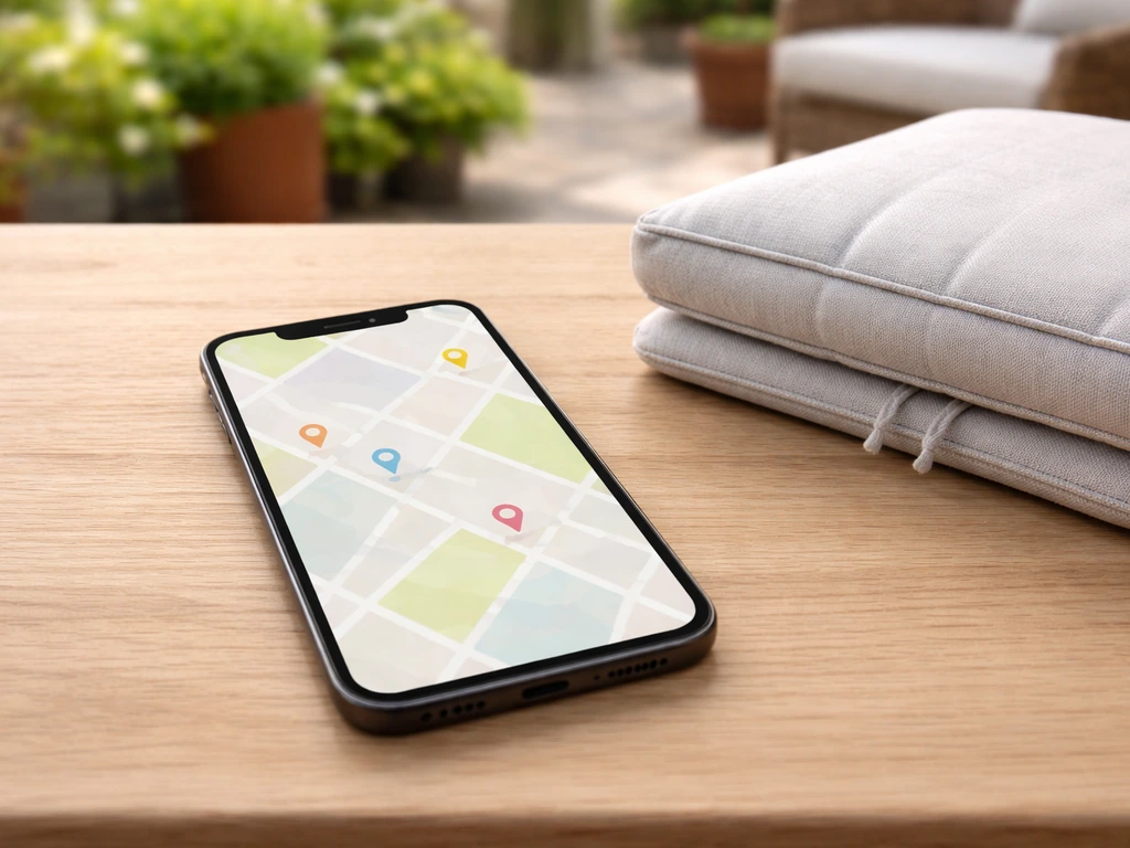 Overhead photo of a smartphone with an abstract map and a folded outdoor chair cushion on a wooden table.