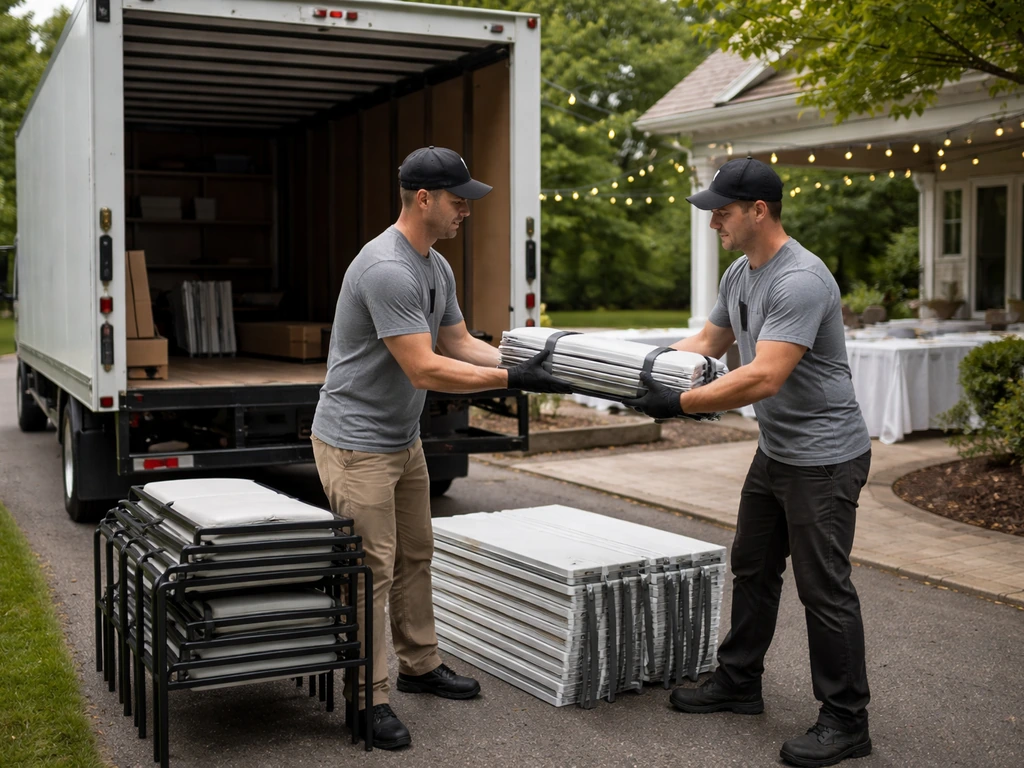 Delivery workers unload rental patio furniture components from a truck to a home patio setup area.