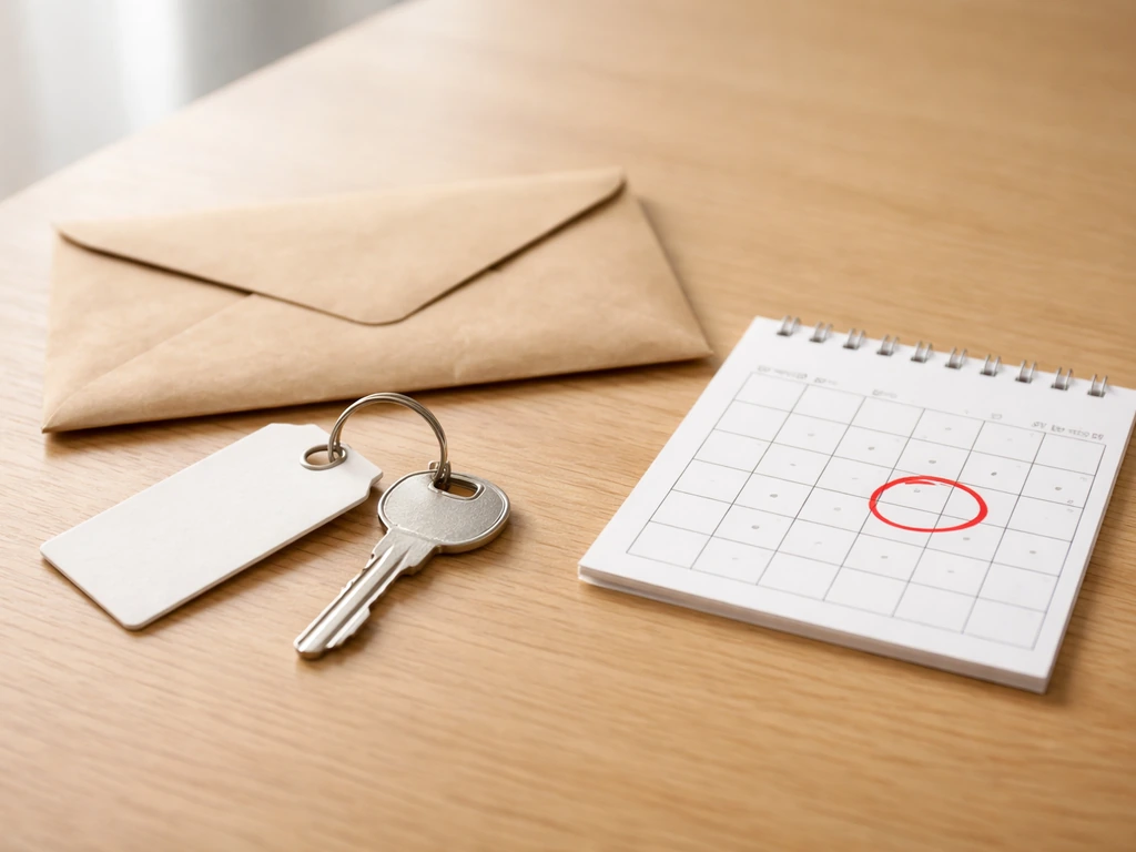 Minimal photo of a rental key on a desk with a small envelope and calendar page suggesting deposits and holds.