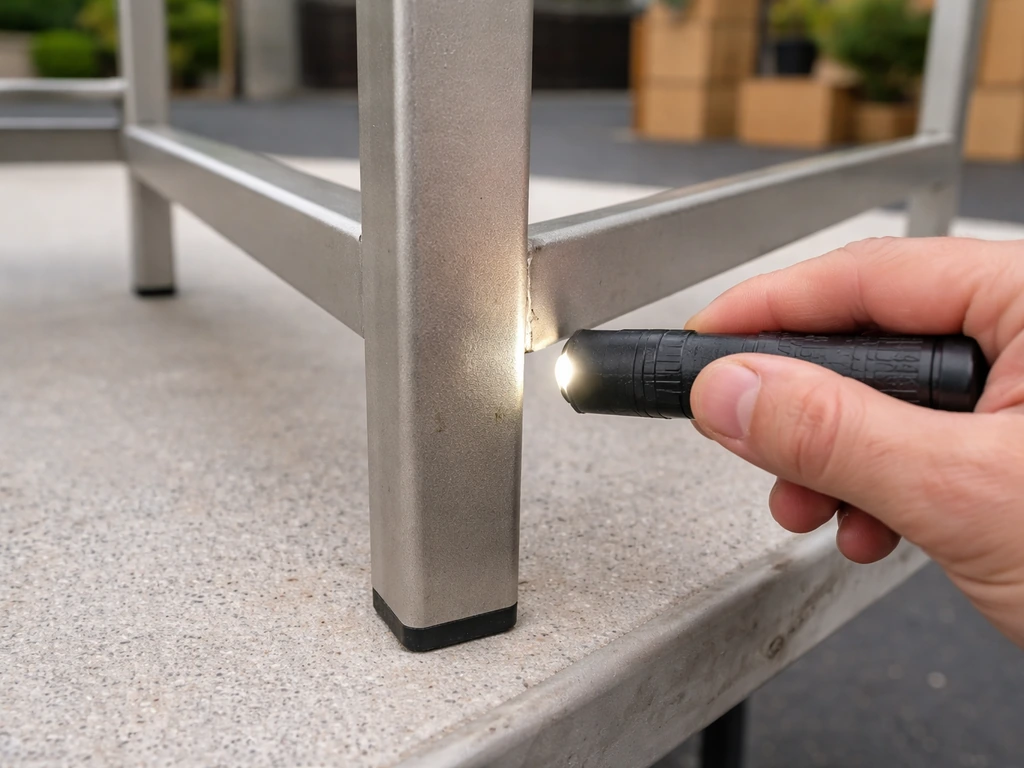 Hand inspects an aluminum patio chair leg and welded joint for bending or cracks.