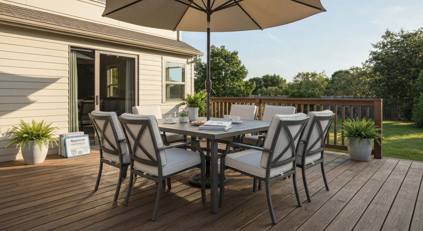 Stylized backyard deck with a modern 7-piece aluminum outdoor dining set, neutral cushions, potted plants, and a warranty card on the table.