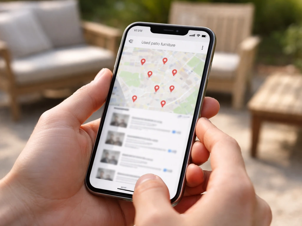 Hands holding a smartphone showing a blurred nearby map and results for used patio furniture.