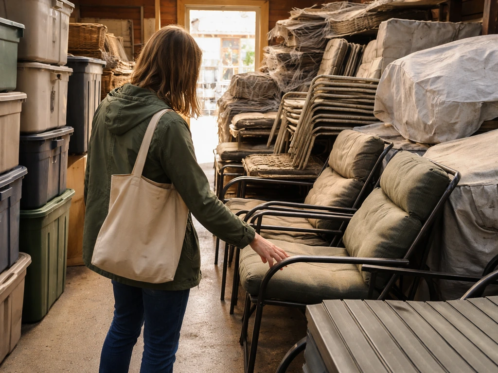 Shopper inspecting stacked used patio furniture in a nonprofit resale store aisle with outdoor items.