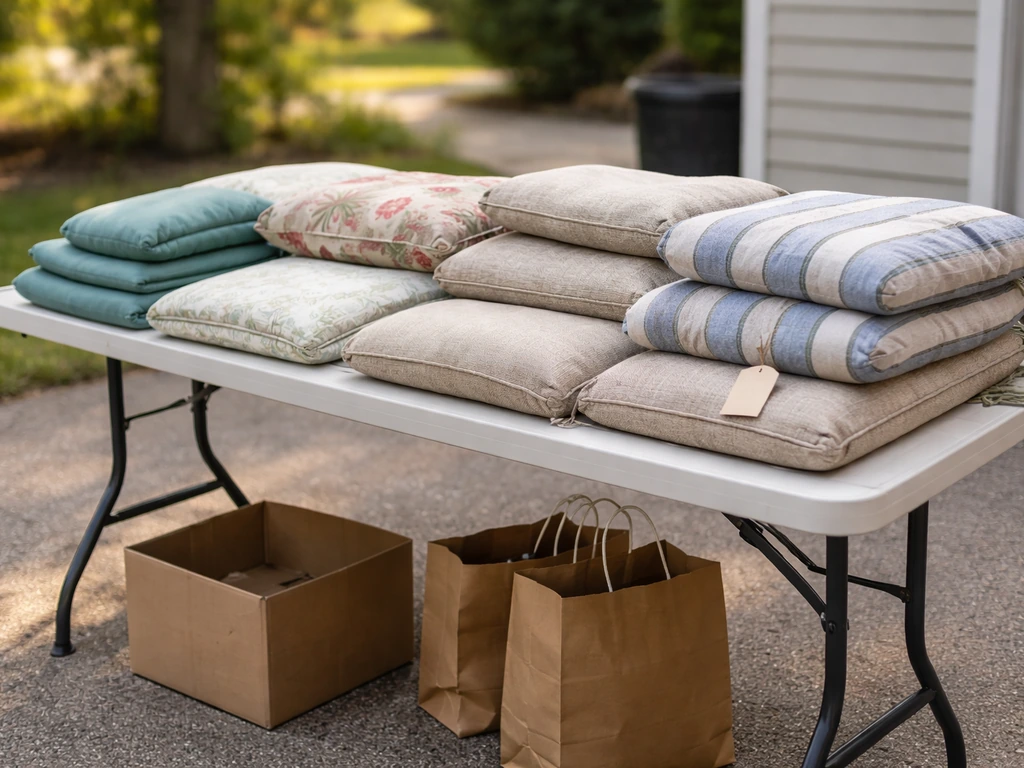 Used patio chair cushions on a folding table at an estate sale, showing wear and bargain finds.